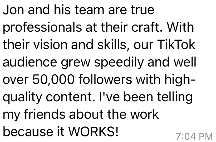 Eli Langer's testimonial about Augmen Media reads, 'Jon and his team are true professionals at their craft. With their vision and skills, our Tik Tok audience grew speedily and well over 50,000 followers with high- quality content. I've been telling my friends about the work because it WORKS!'